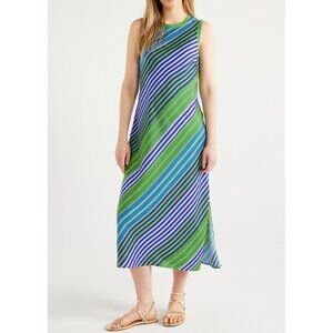 Scoop NYC Sleeveless Satin Midi Tank Green Tropical Stripe Maxi Long Sundress XS